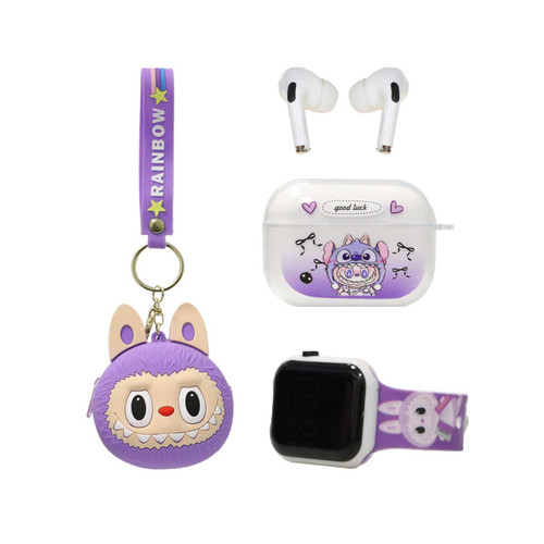 پک ساعت هوشمند و ایرفون بی سیم Labubu - بنفش