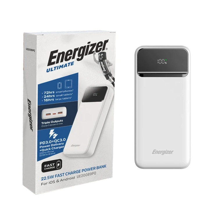 پاوربانک PD و فست شارژ Energizer 22.5W 20000mAh مدل UE20089PQ - سفید (گارانتی متین)